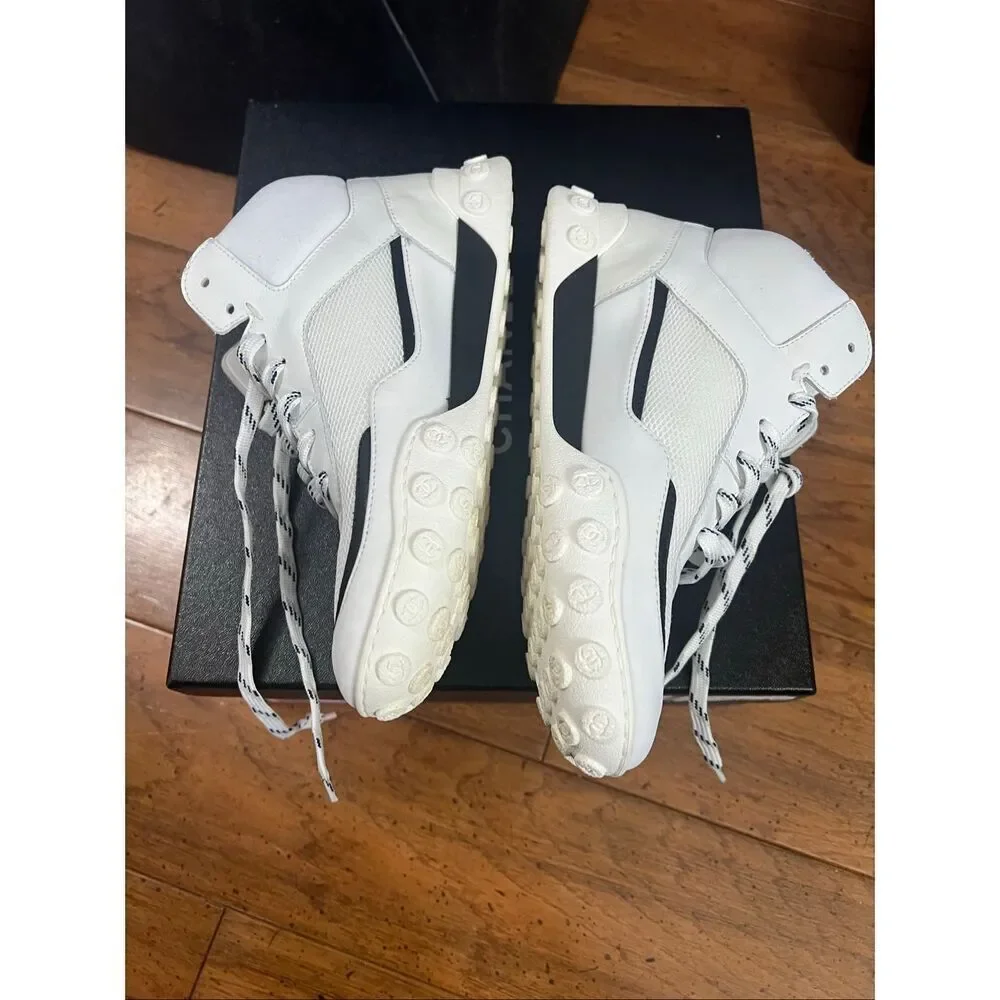 Chanel Calfskin Mesh Lycra Womens Logo High Top Sneakers size 37